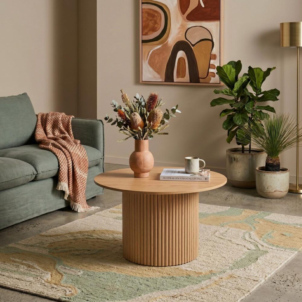 Round Ribbed Wood Coffee Table