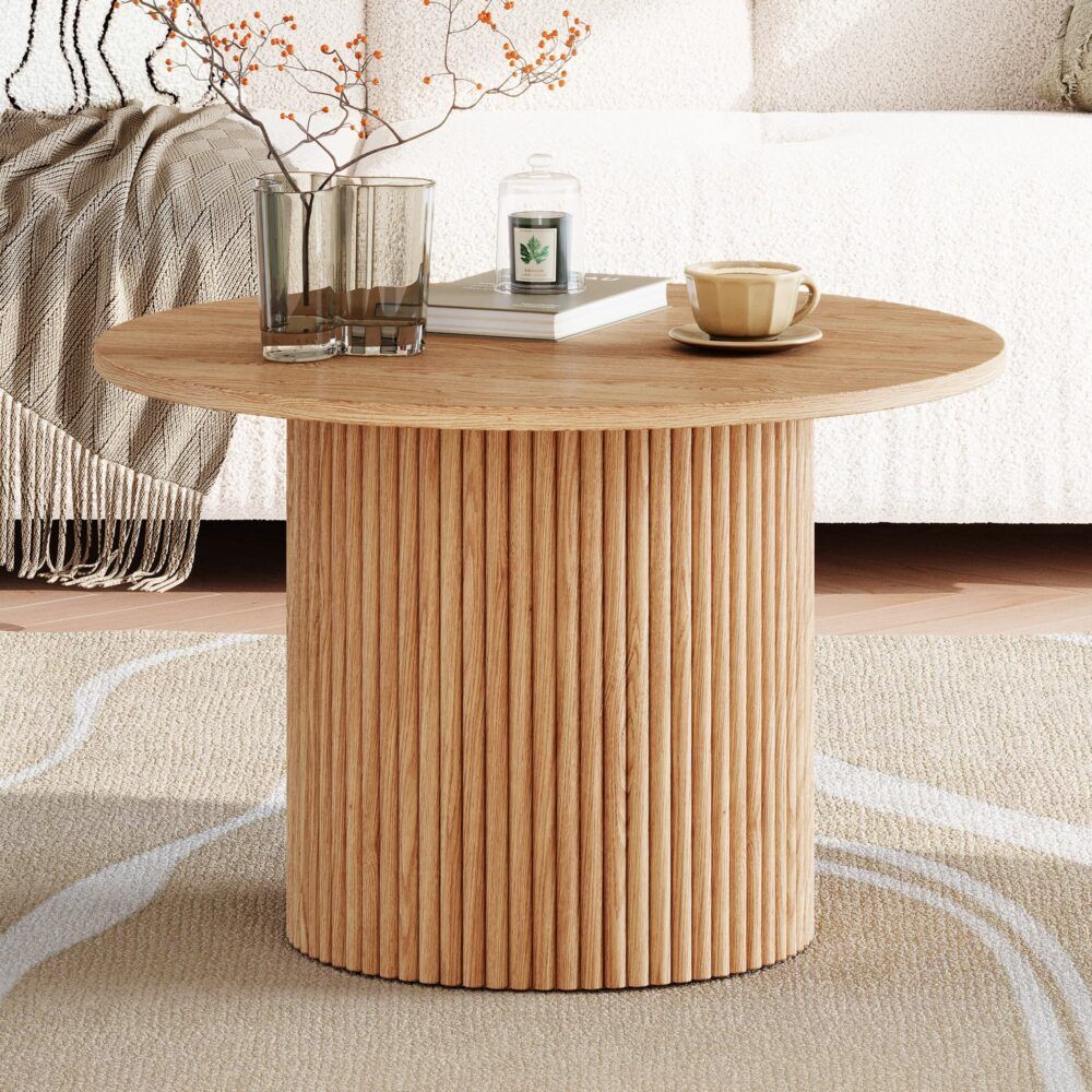 Round Ribbed Wood Coffee Table