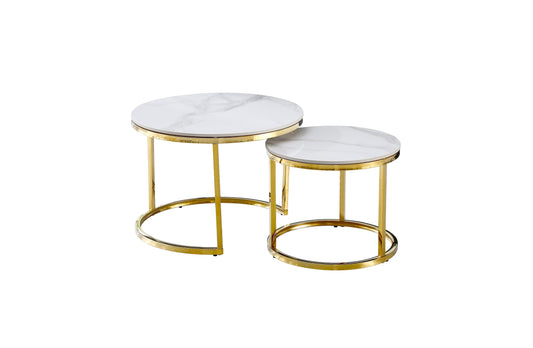 White Marble Look Nesting Coffee Tables with Gold Frames