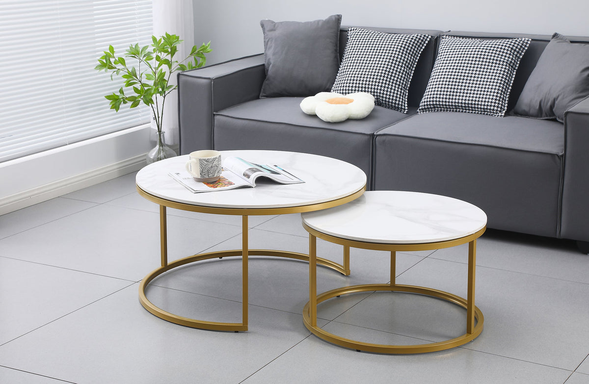 White Marble Look Nesting Tables with Champagne Gold Frames