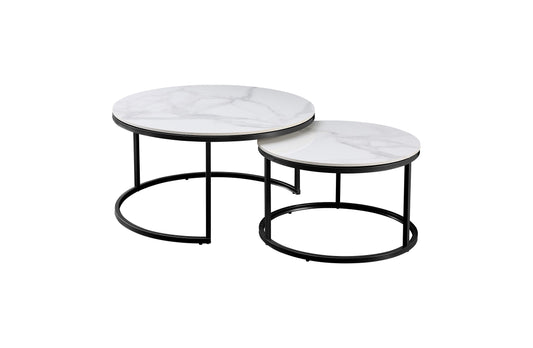 White Marble Look Nesting Coffee Tables with Black Frames