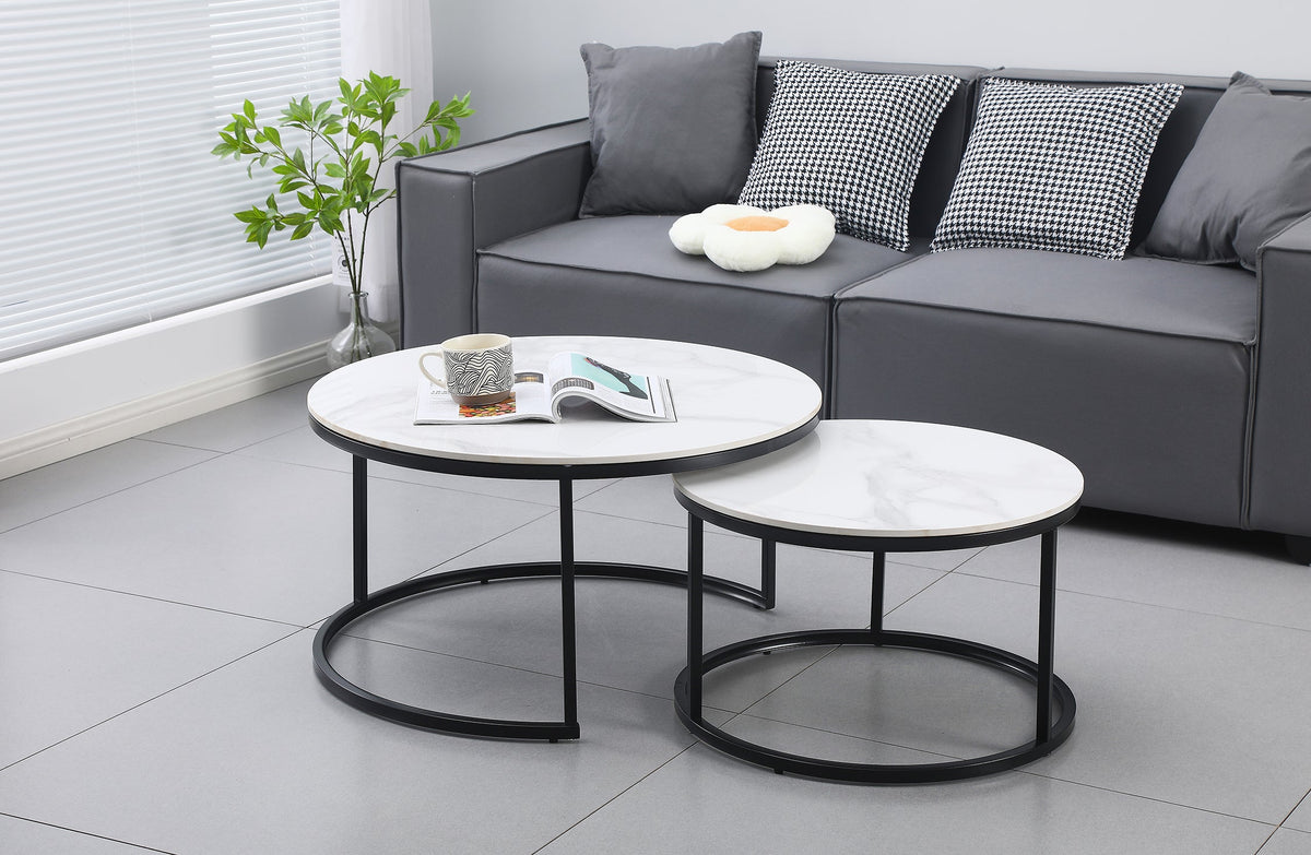 White Marble Look Nesting Coffee Tables with Black Frames