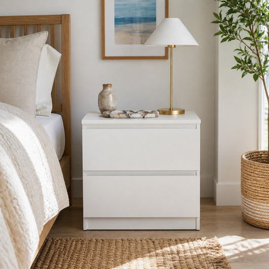 Hyggo Warm White Bedside Table with Two Drawers