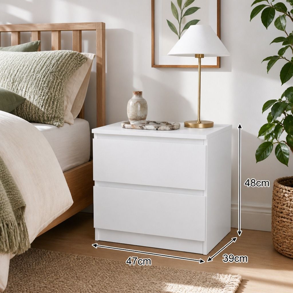 Hyggo Warm White Bedside Table with Two Drawers