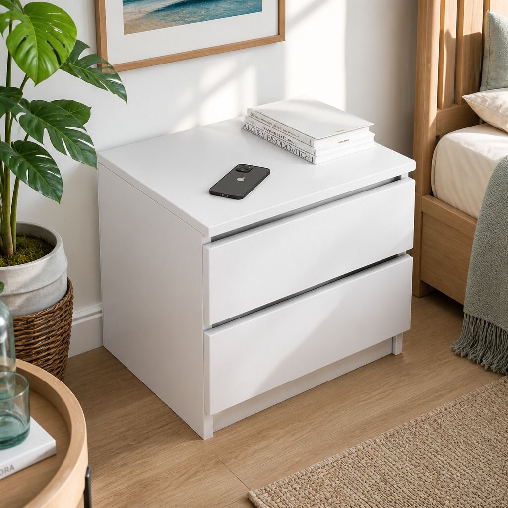 Hyggo Warm White Bedside Table with Two Drawers