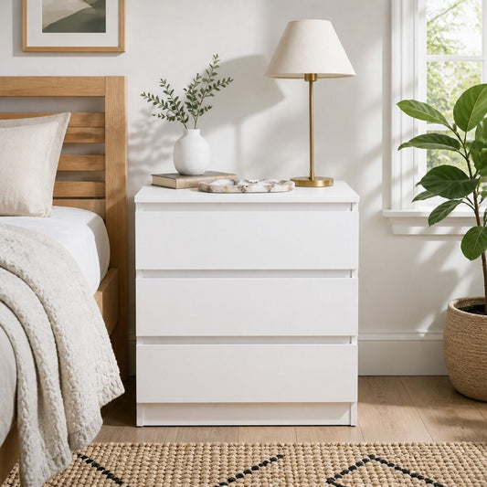 Hyggo Warm White Bedside Table with Three Drawers