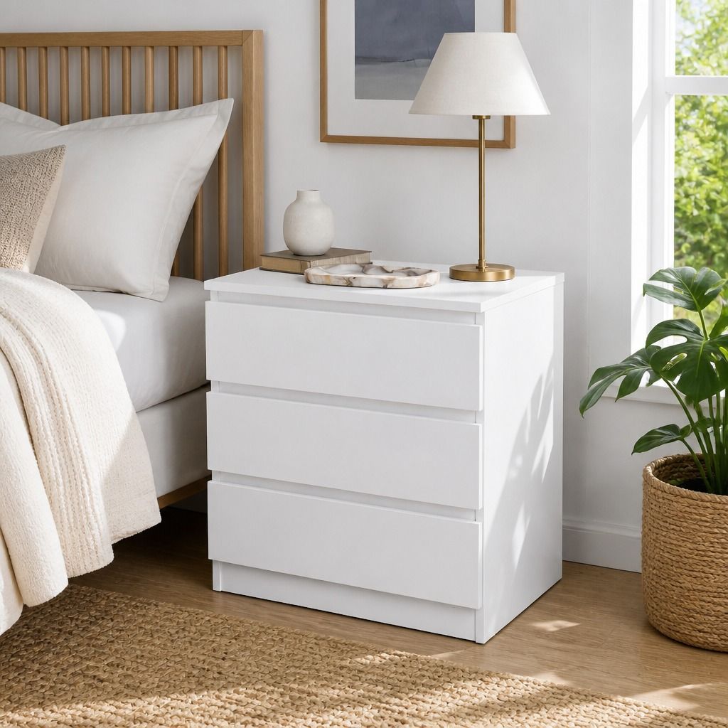 Hyggo Warm White Bedside Table with Three Drawers