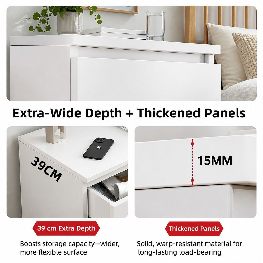 Hyggo Warm White Bedside Table with Three Drawers