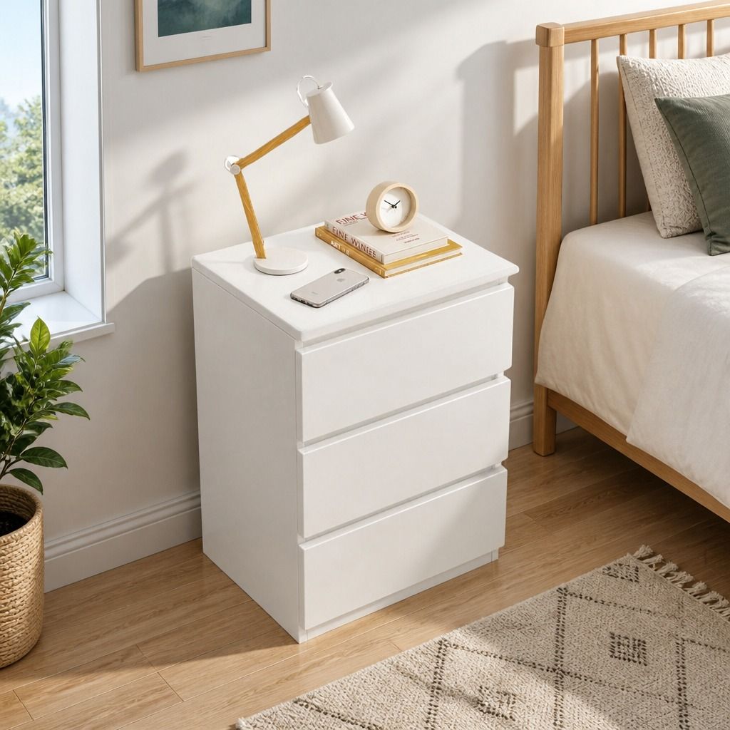 Hyggo Warm White Bedside Table with Three Drawers