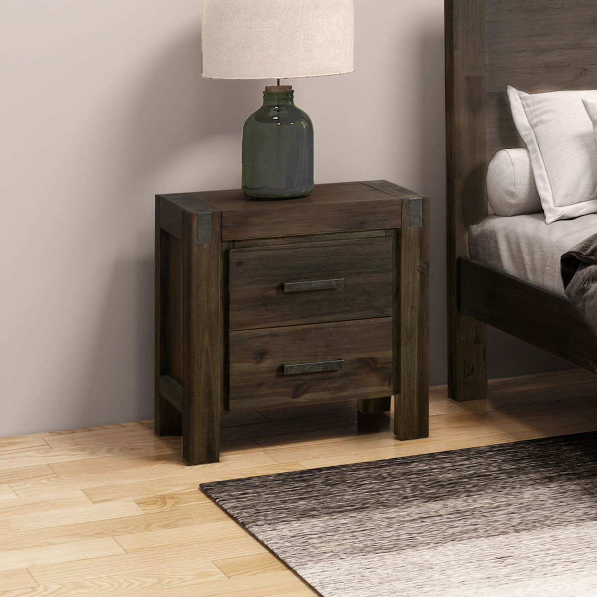 Chocolate Finish Acacia Bedside Table with Two Drawers