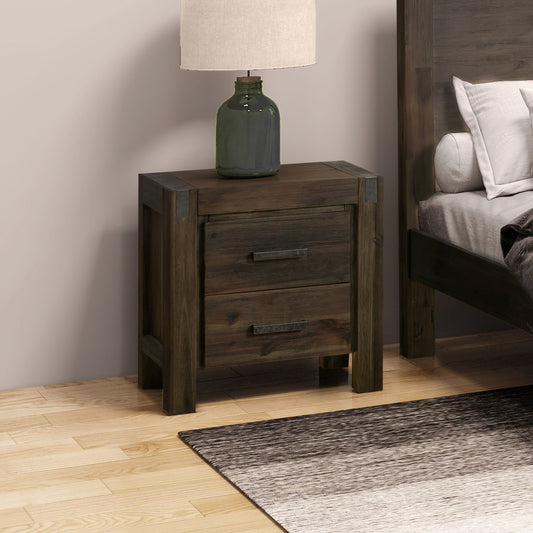 Chocolate Finish Acacia Bedside Table with Two Drawers