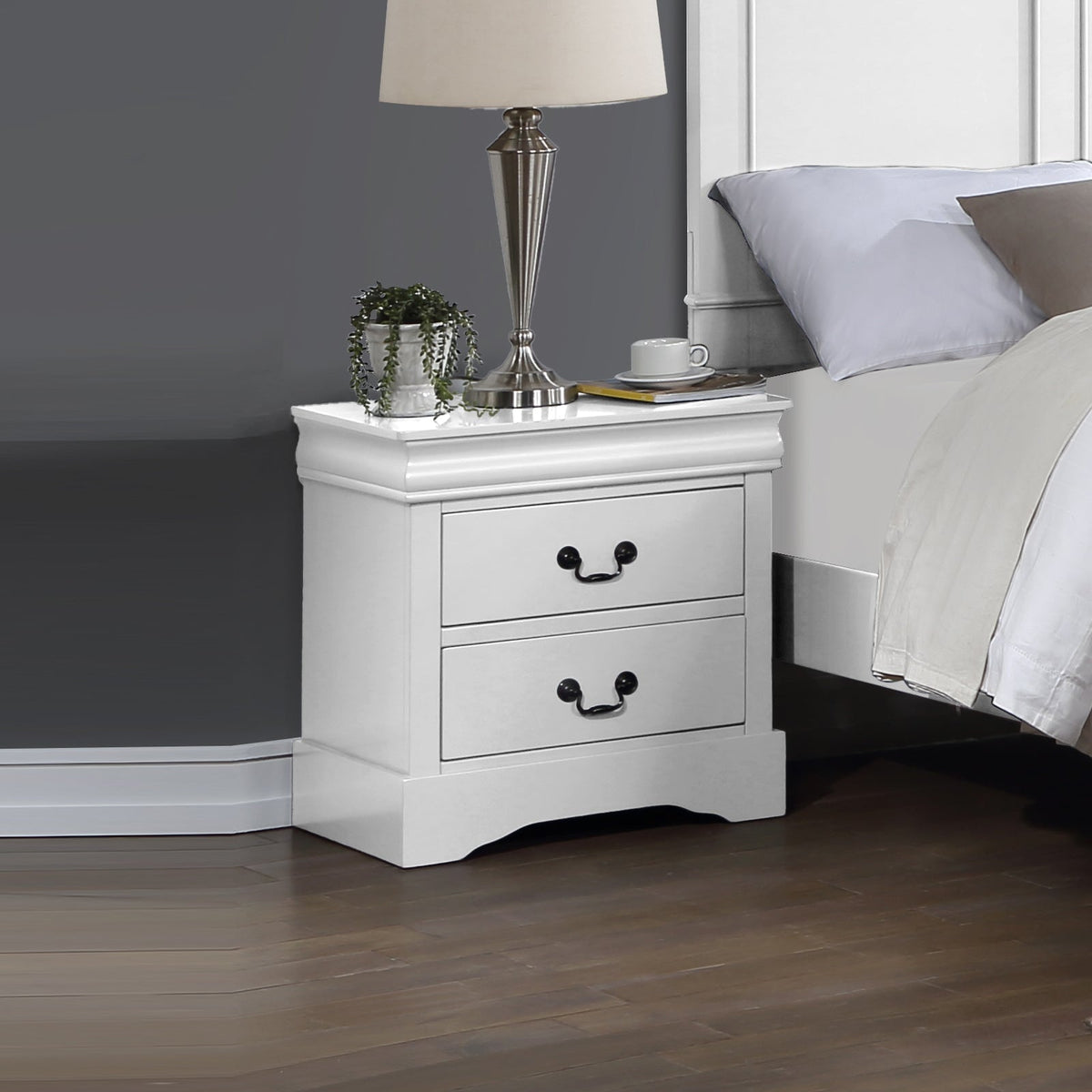 White Bedside Table with Two Drawers and Metal Handles