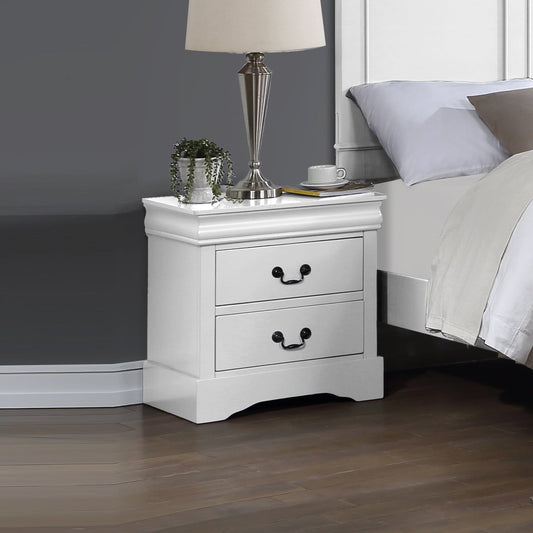 White Bedside Table with Two Drawers and Metal Handles
