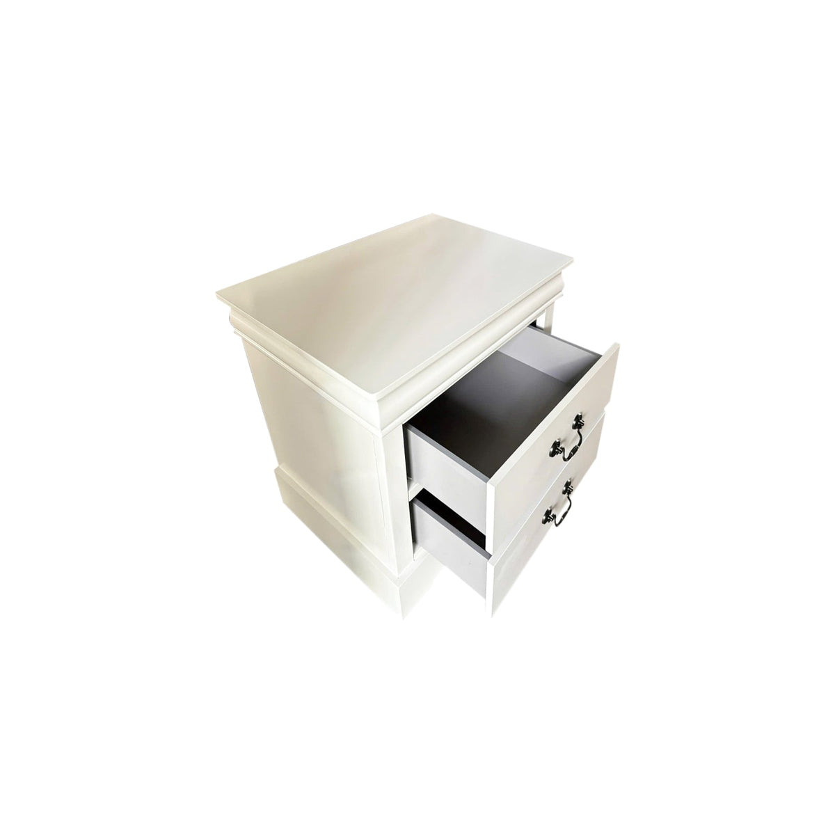 White Bedside Table with Two Drawers and Metal Handles