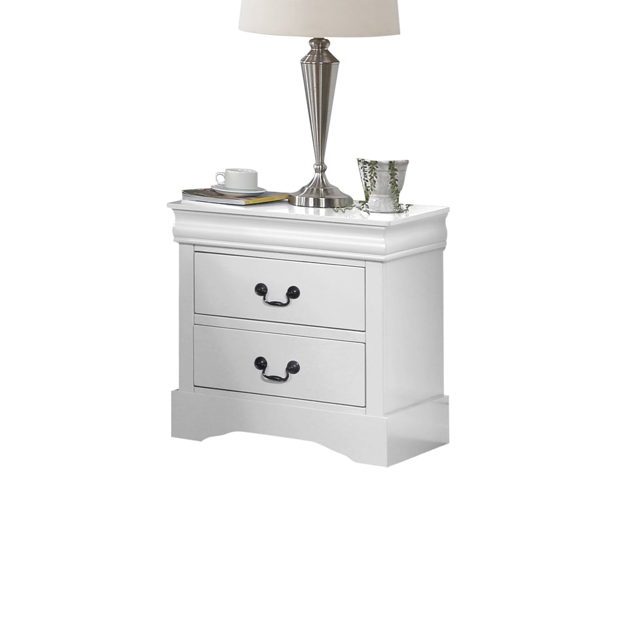 White Bedside Table with Two Drawers and Metal Handles