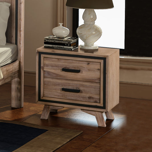 Silver Brush Finish Acacia Bedside Table with Two Drawers
