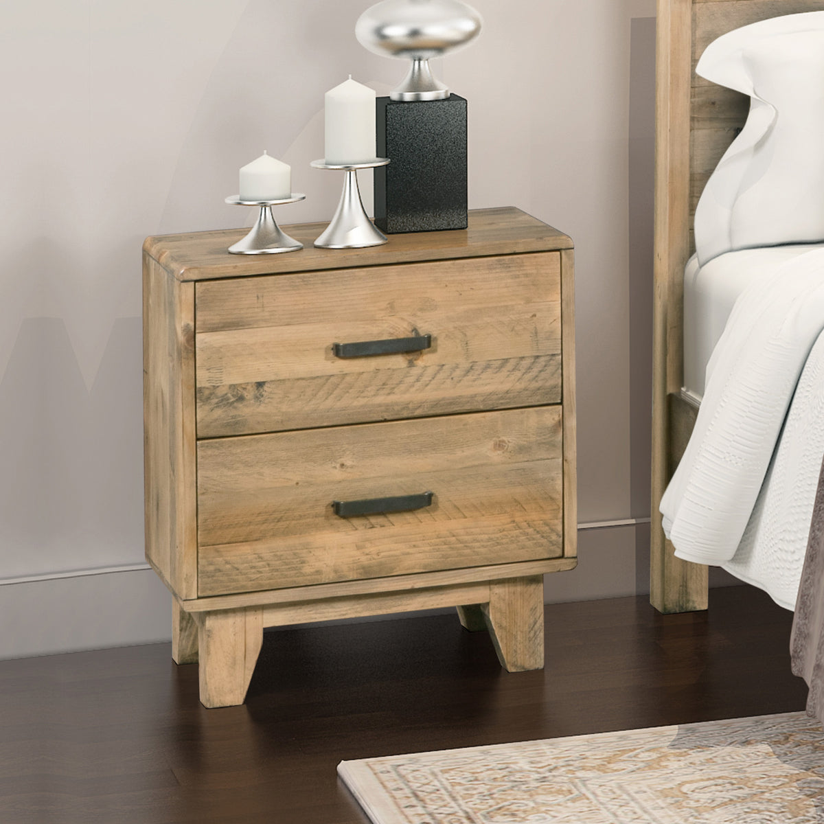 Light Brown Bedside Table with Two Drawers