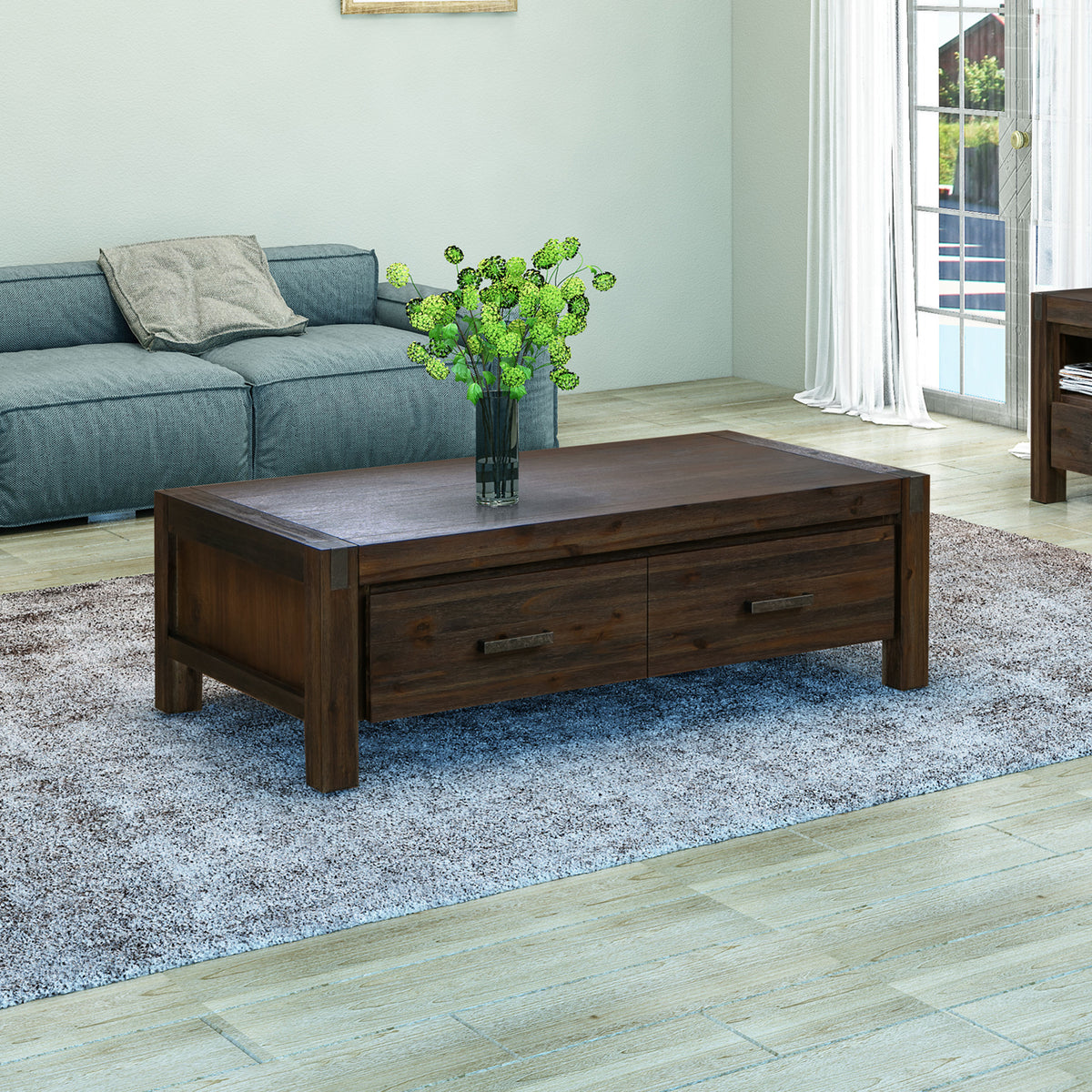 Chocolate Finish Acacia Coffee Table with Drawer