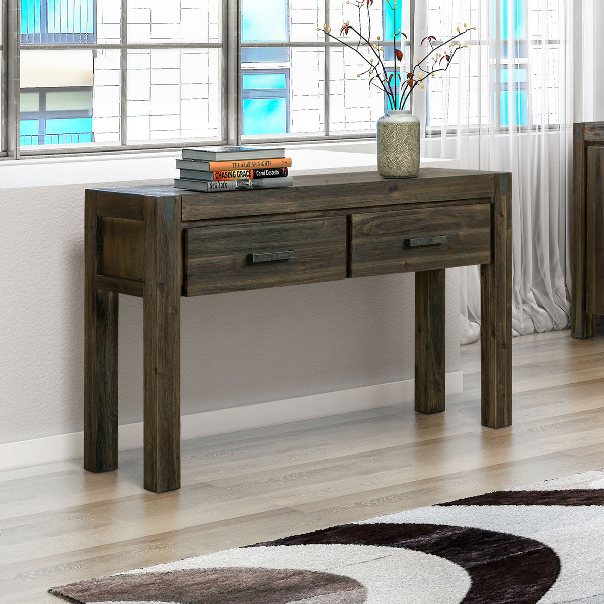 Chocolate Finish Acacia Hall Table with Two Drawers