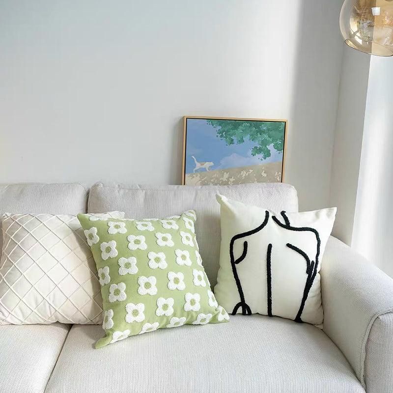 Velvet Cushion Cover Pleated Checked Plaid Plush Decorative Lounge Cushion Cover - White
