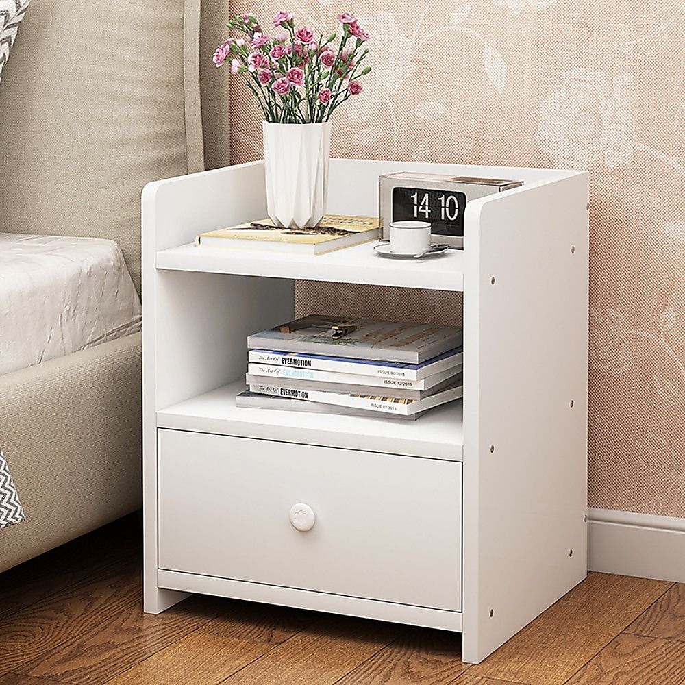 White Bedside Table with Drawer and Shelf, 33 cm