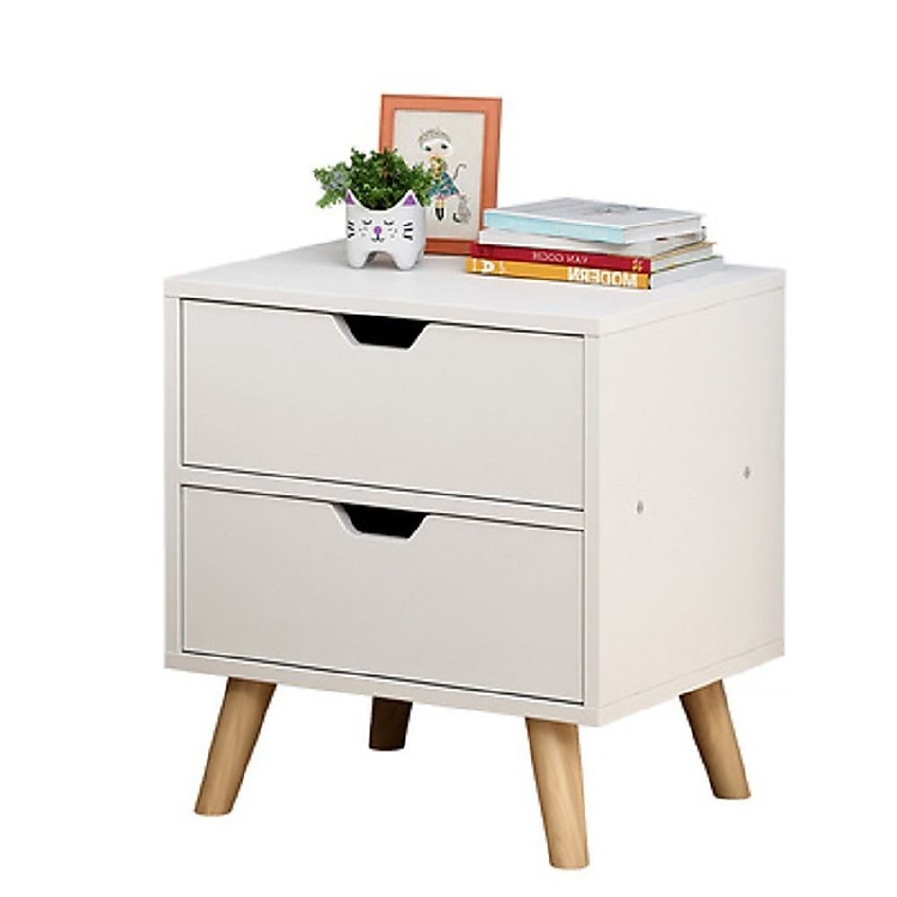 White Bedside Table with Two Drawers, 40 cm