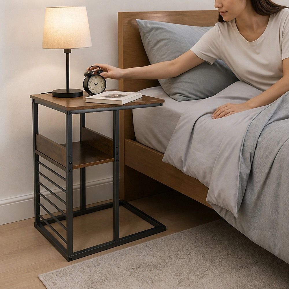 C Shaped Sofa Side Table with Storage Shelf