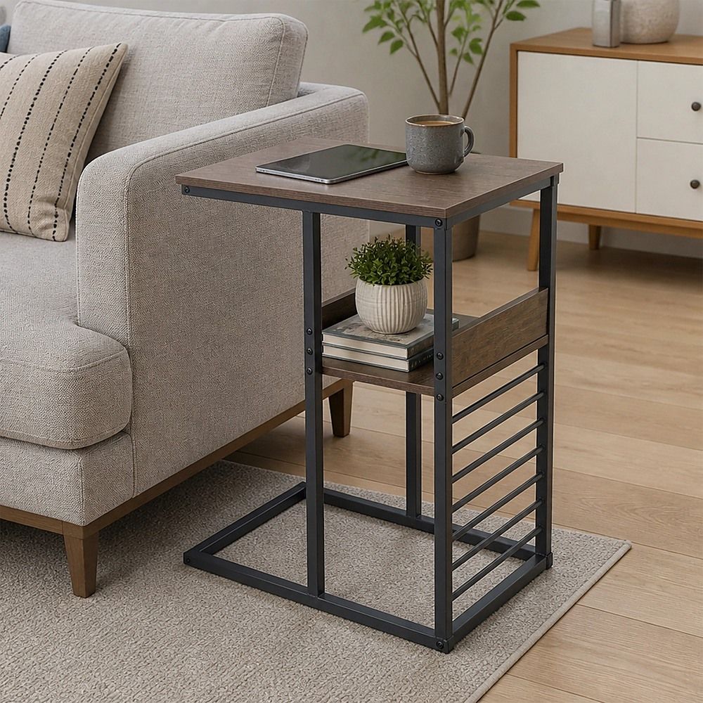C Shaped Sofa Side Table with Storage Shelf