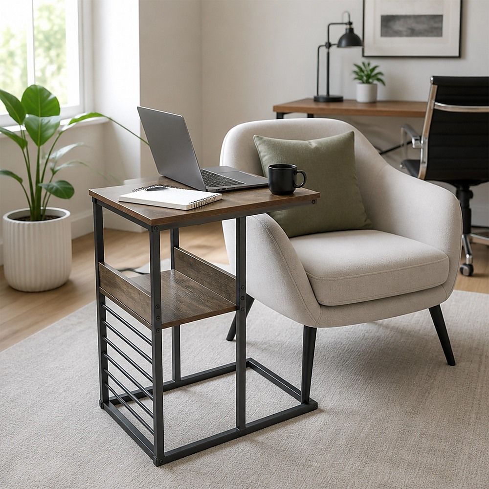 C Shaped Sofa Side Table with Storage Shelf