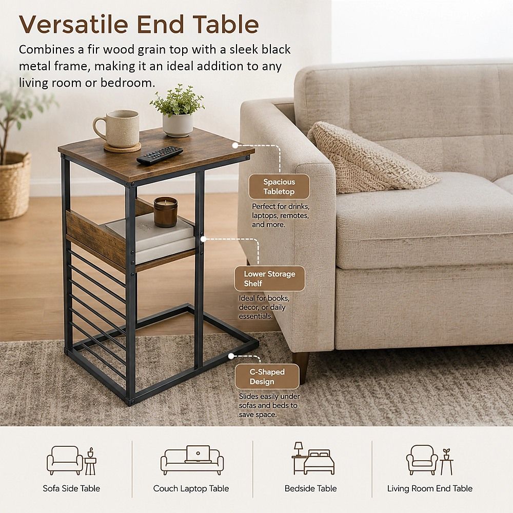 C Shaped Sofa Side Table with Storage Shelf