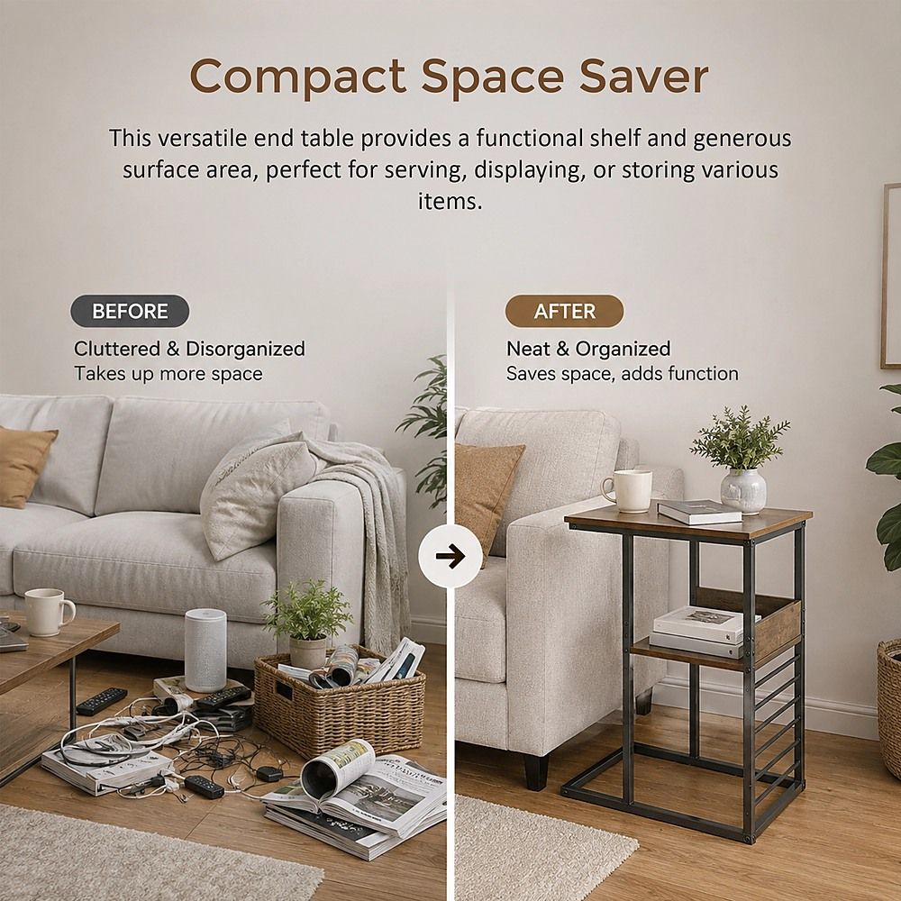 C Shaped Sofa Side Table with Storage Shelf