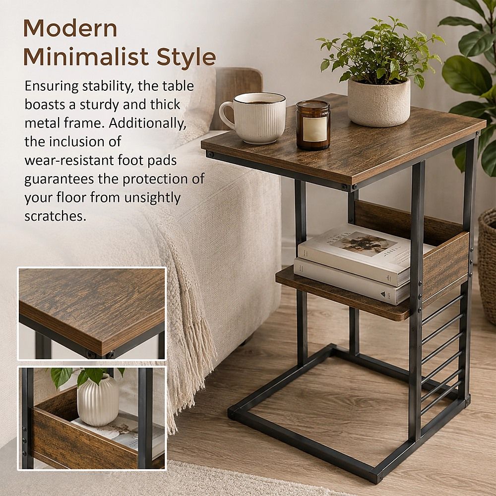 C Shaped Sofa Side Table with Storage Shelf