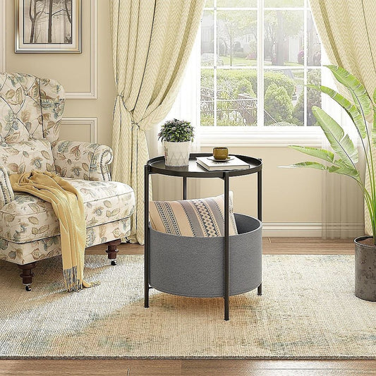 Black Round Side Table with Storage Basket