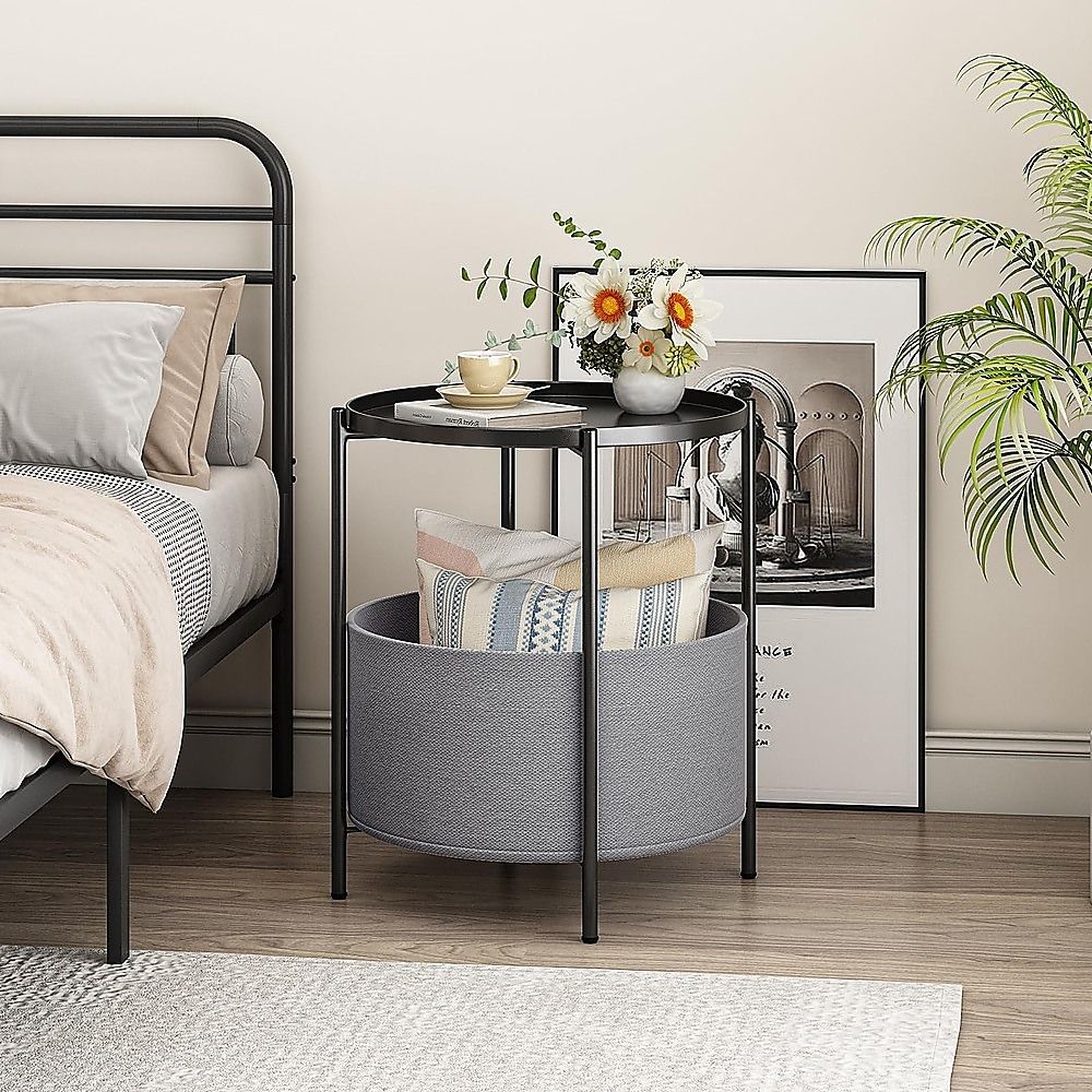 Black Round Side Table with Storage Basket