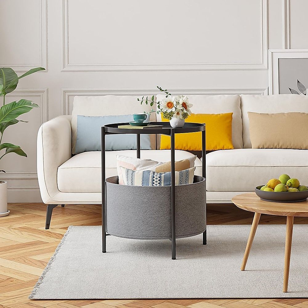 Black Round Side Table with Storage Basket