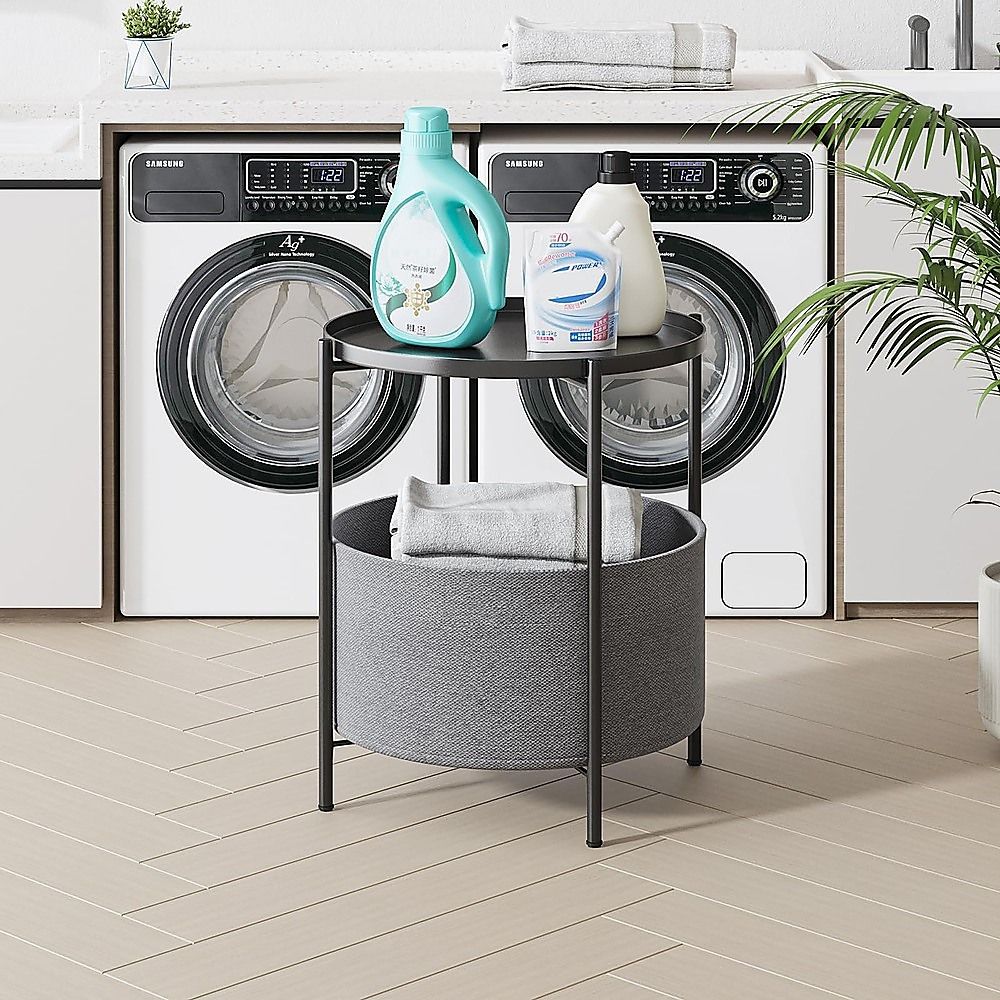 Black Round Side Table with Storage Basket