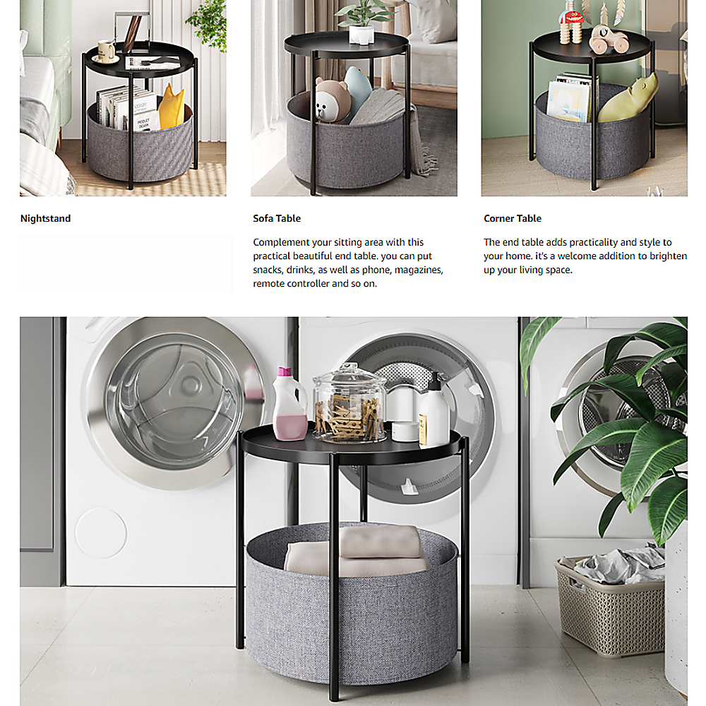 Black Round Side Table with Storage Basket
