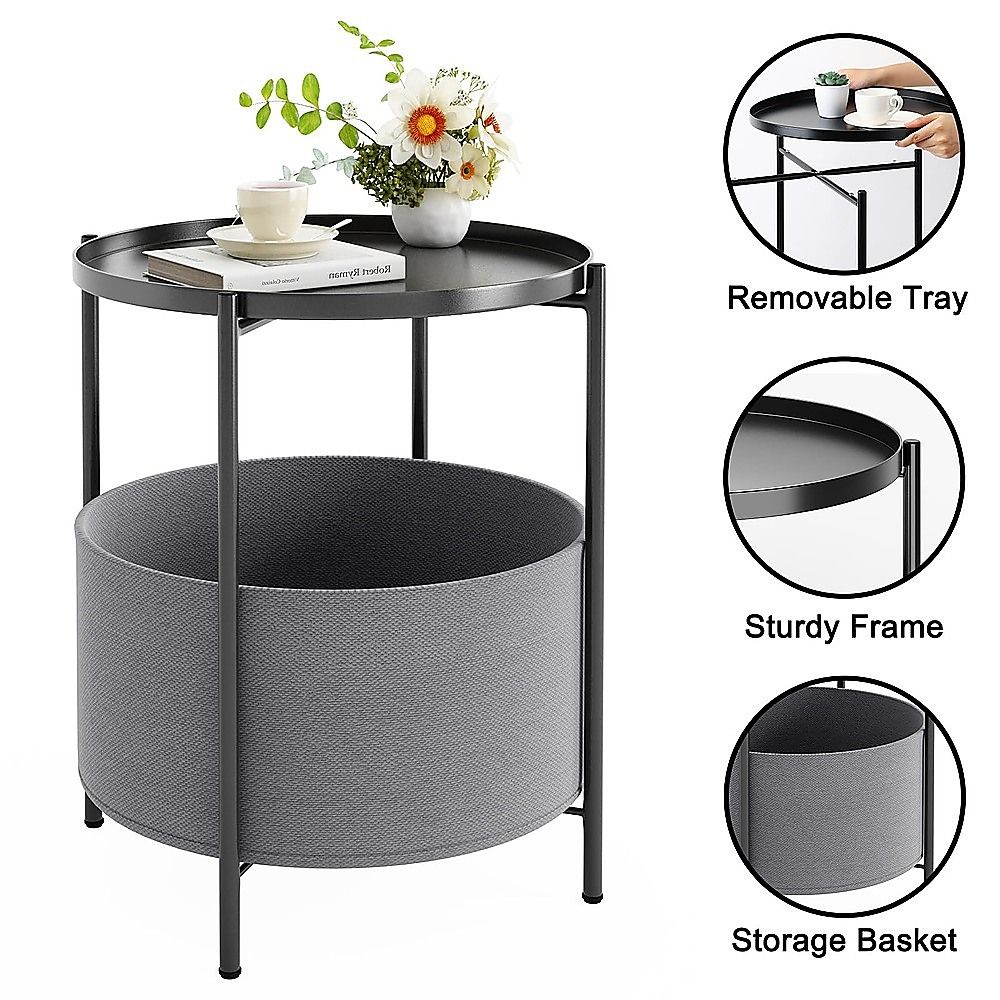 Black Round Side Table with Storage Basket