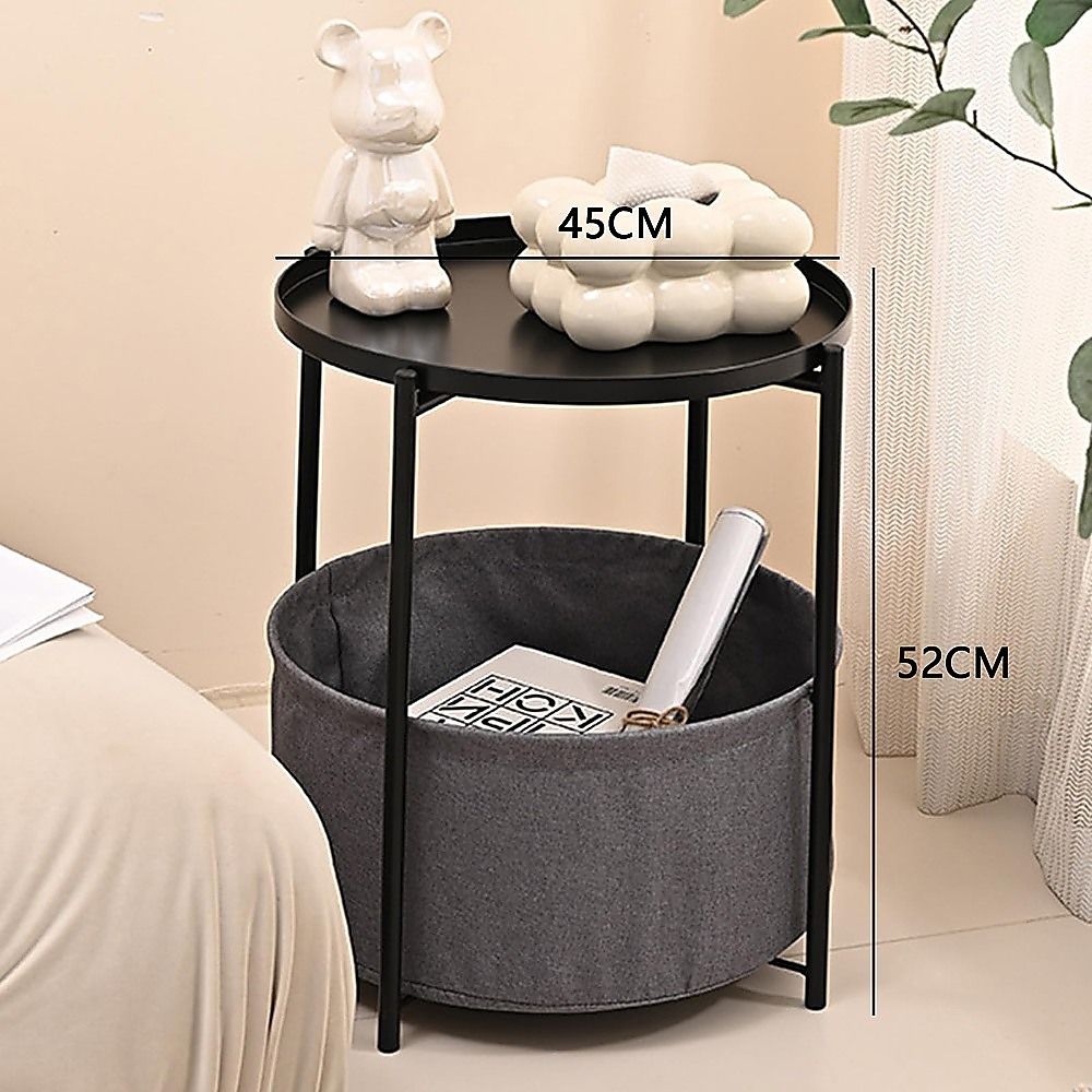 Black Round Side Table with Storage Basket