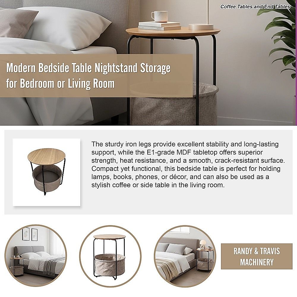 Round Bedside Table with Black Frame