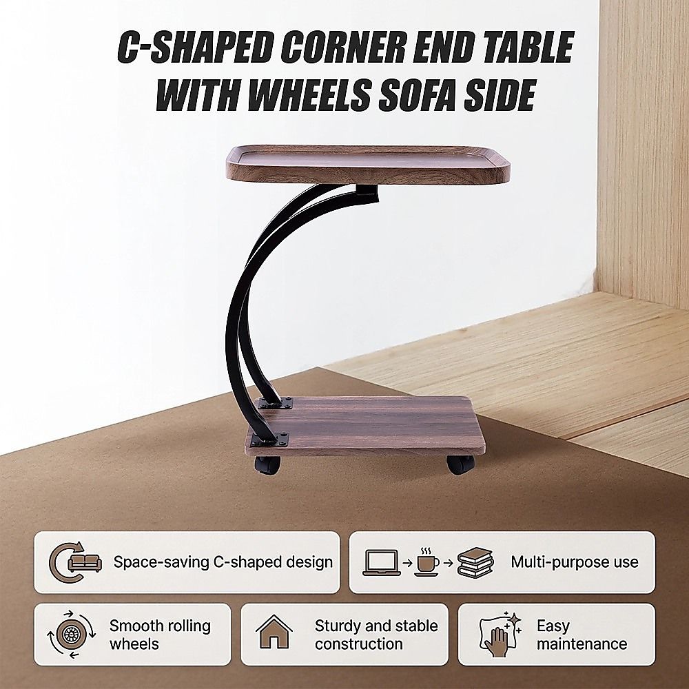 C Shaped Side Table with Wheels