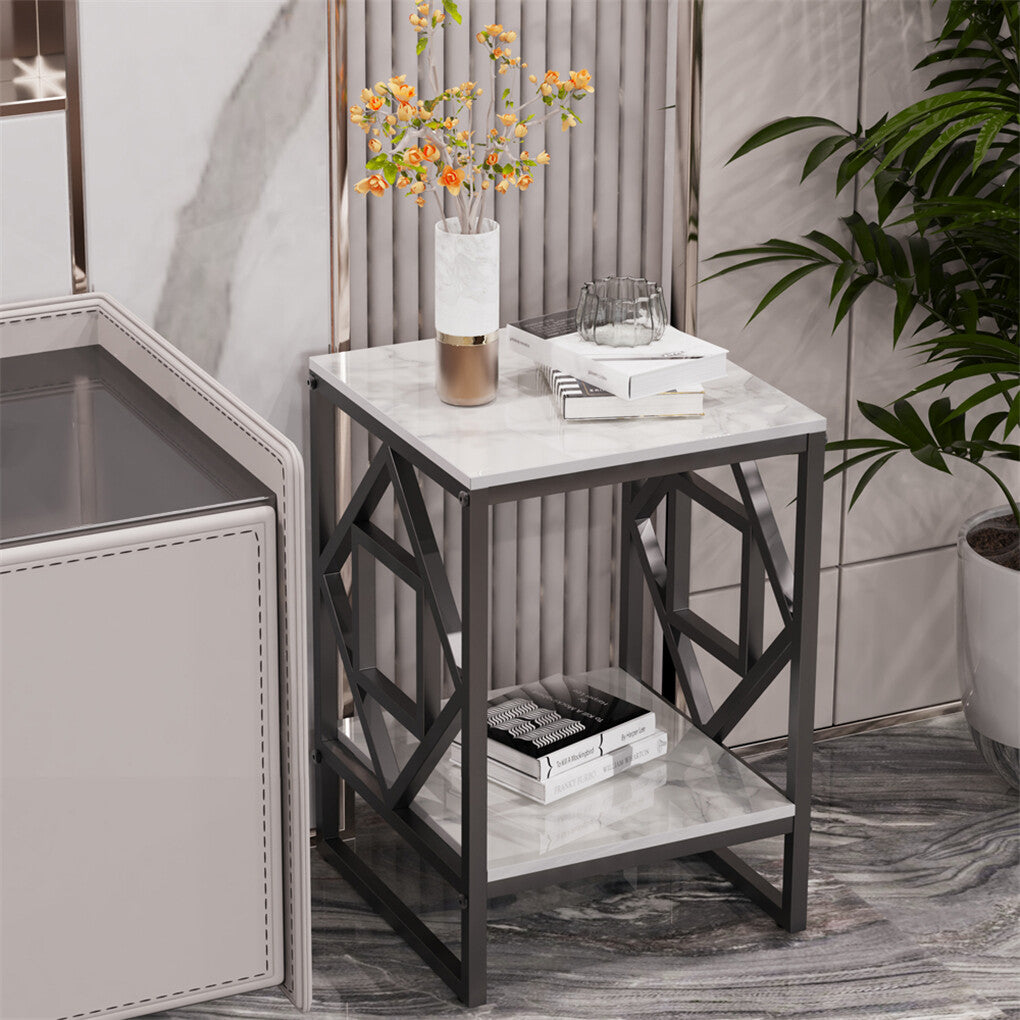 White Sintered Stone Side Table with Black Frame