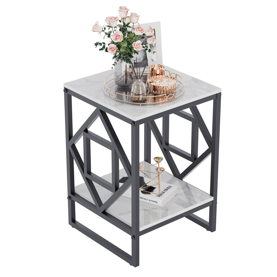 White Sintered Stone Side Table with Black Frame