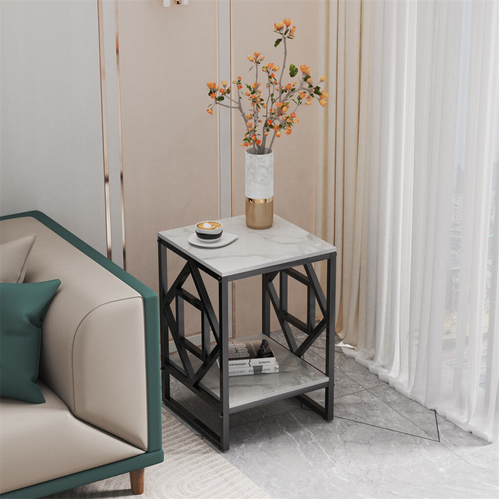 White Sintered Stone Side Table with Black Frame