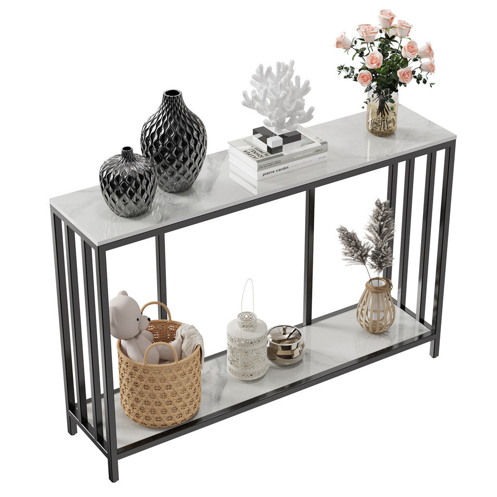 White Marble Look Console Table with Two Shelves