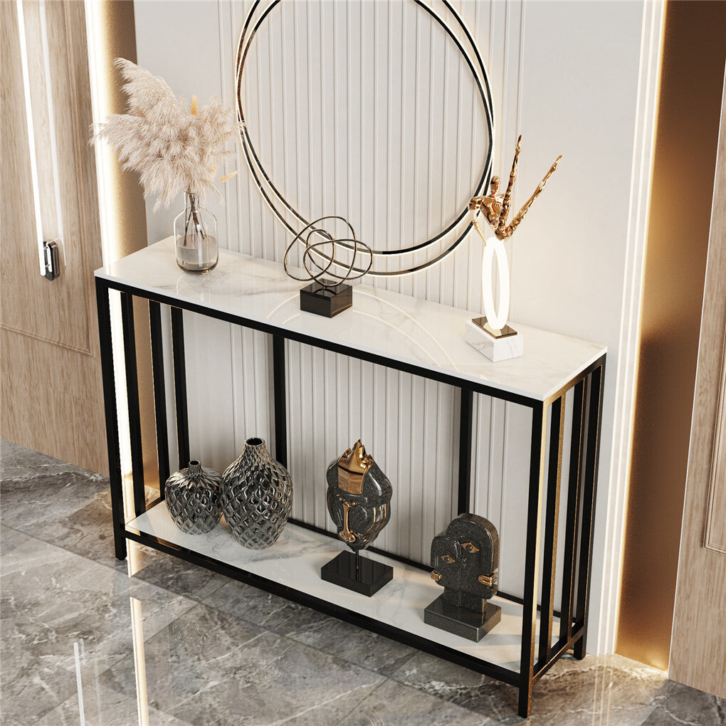 White Marble Look Console Table with Two Shelves