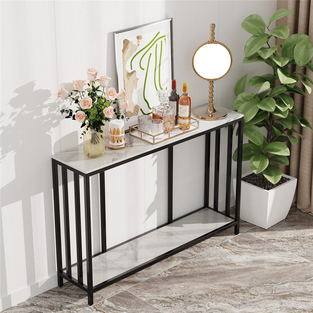 White Marble Look Console Table with Two Shelves