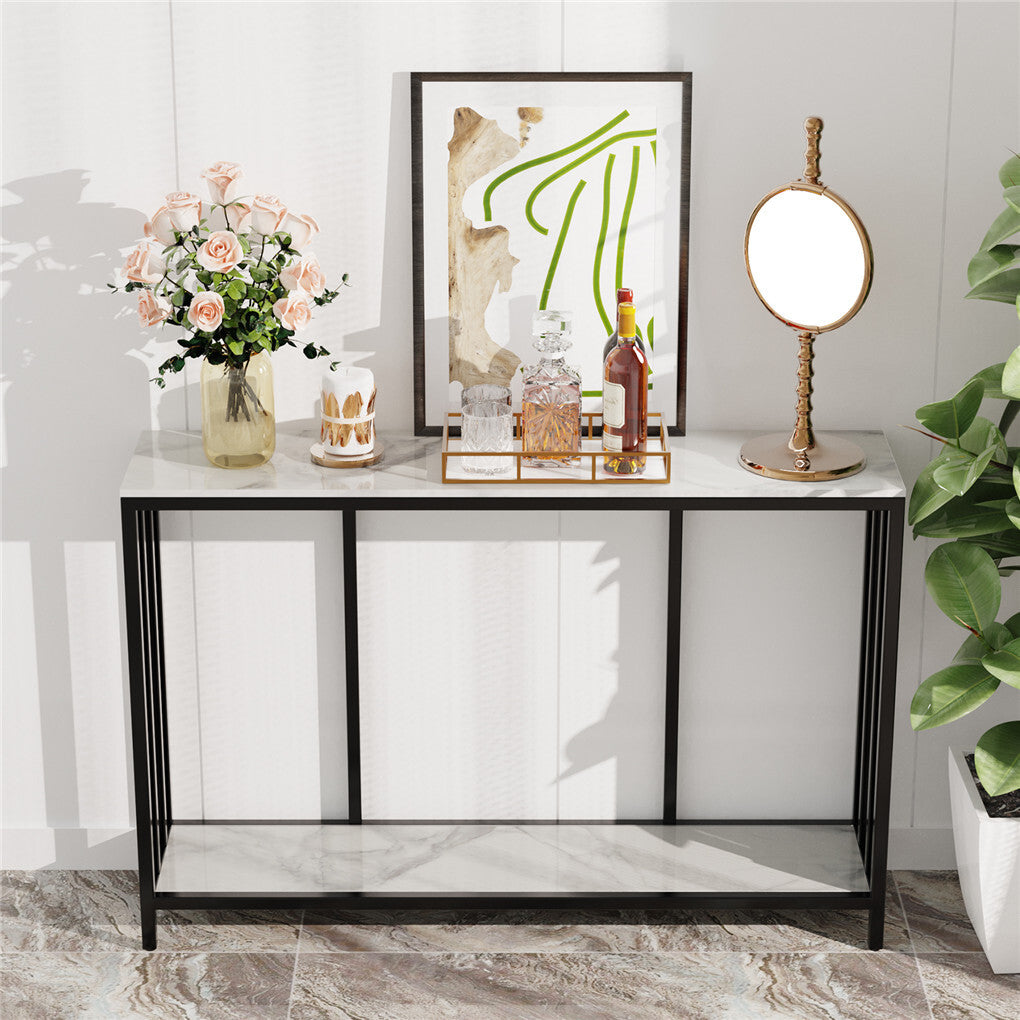 White Marble Look Console Table with Two Shelves