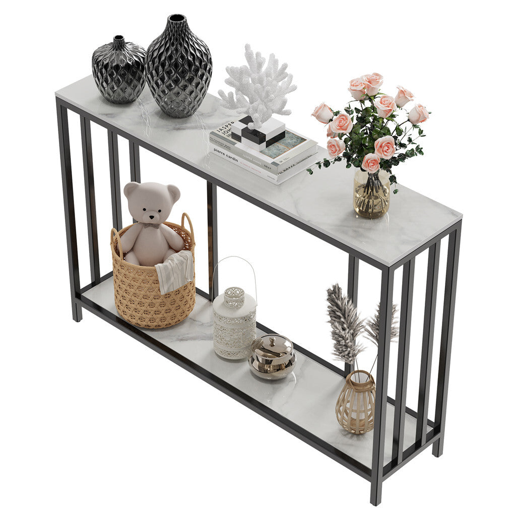 White Marble Look Console Table with Two Shelves