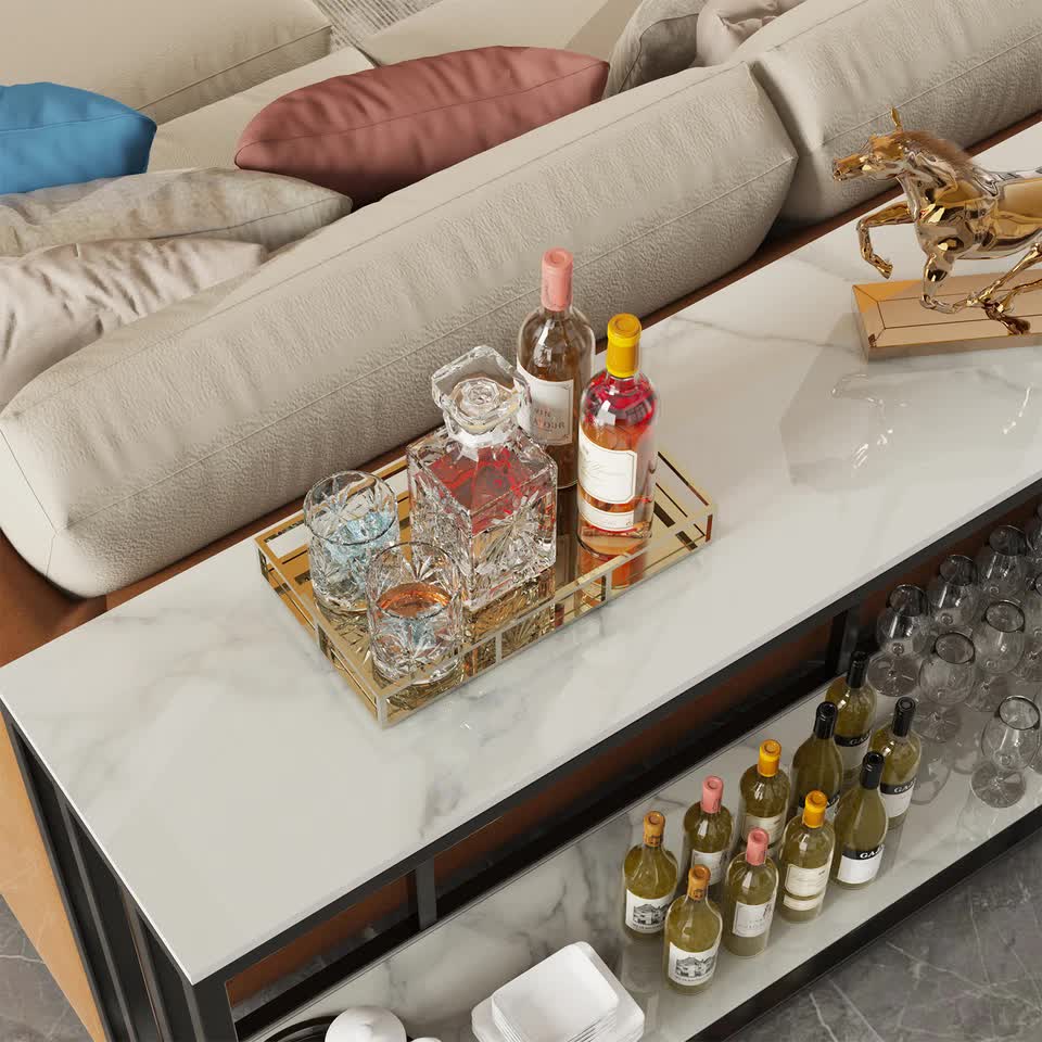 White Marble Look Console Table with Two Shelves